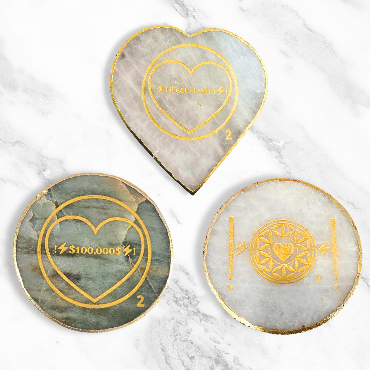 Crystal Coasters, Green Agate, Rose Quartz, White Quartz